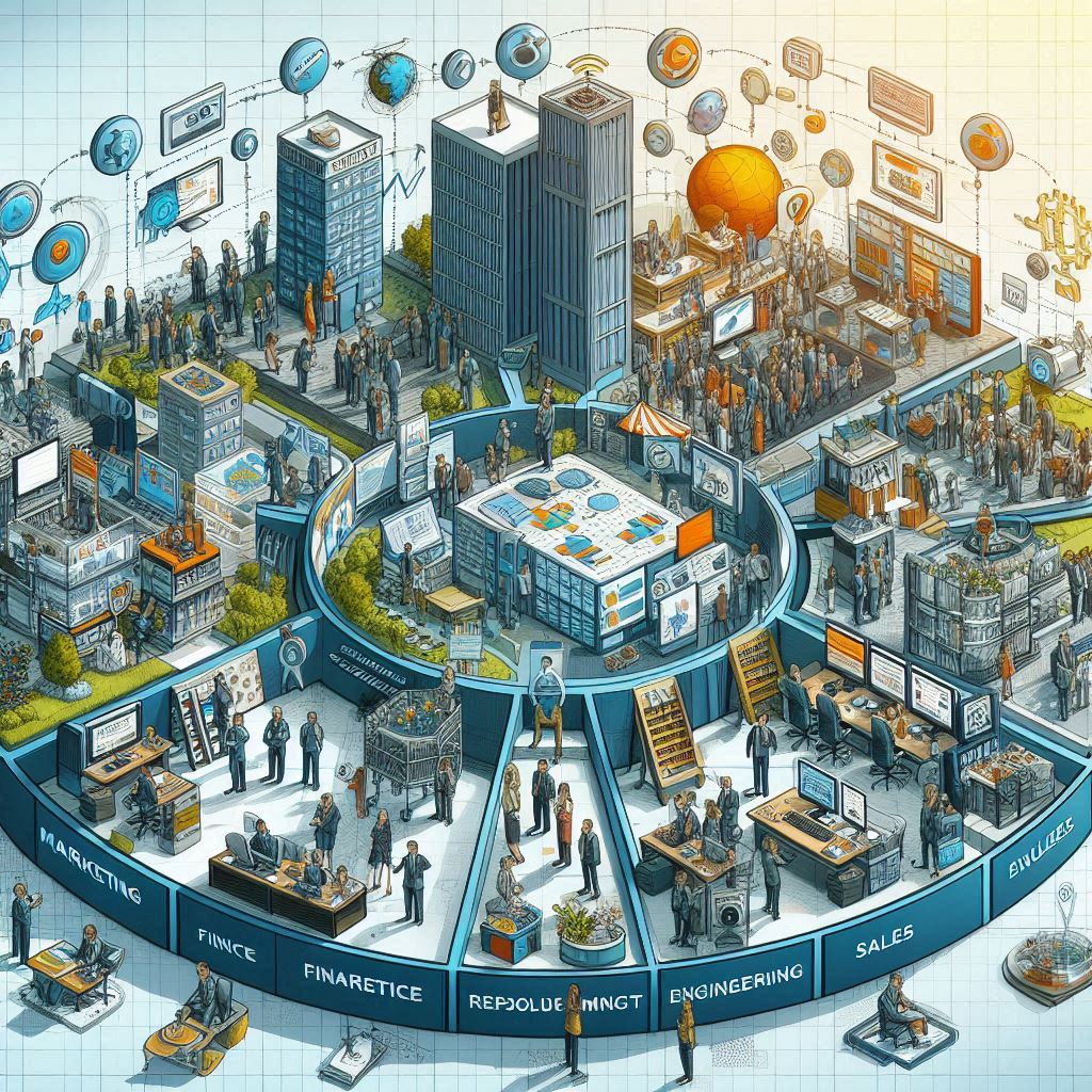 Imagem criar por inteligência artificial que mostra um mundo virtual de uma empresa e suas competências com foco em simular as necessidades de seus consumidores.